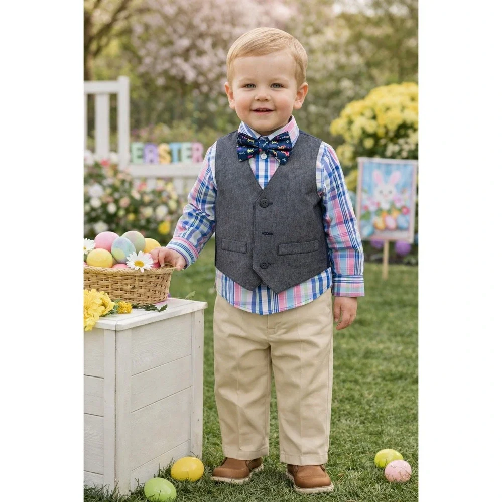 IZOD 4 Piece Suit Set Toddler Boys 2T Plaid Vest Pants Bow Tie Wedding NWT